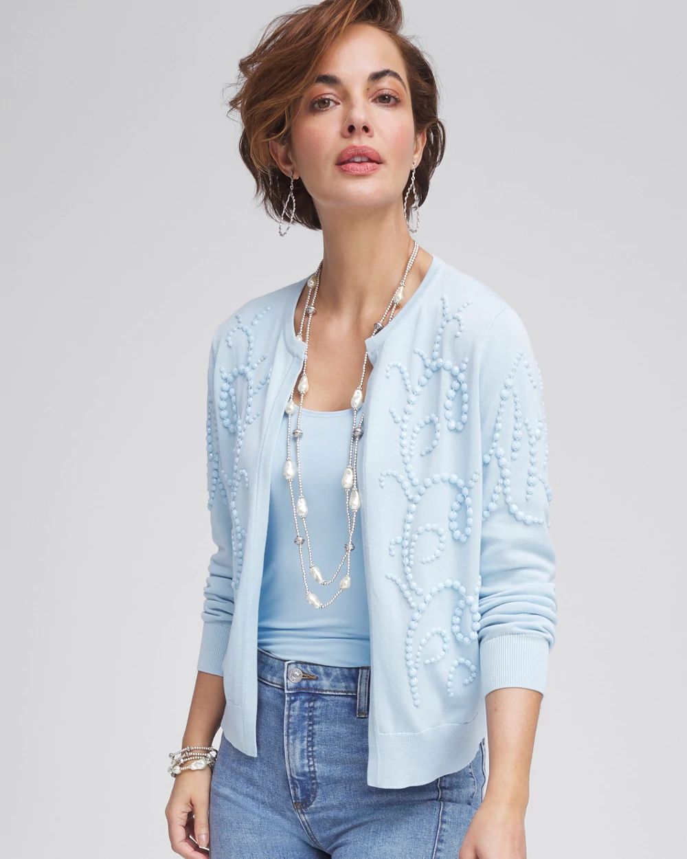 deck hand コットンインディゴニット made in UK Open-Front Beaded Cardigan | Chico's